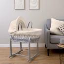 Cream Dimple Grey Wicker Moses Basket bundled with the Grey Deluxe Rocking Stand in a greige living room | Moses Baby Baskets, Bassinets & Co-sleepers | Nursery Furniture - Clair de Lune UK