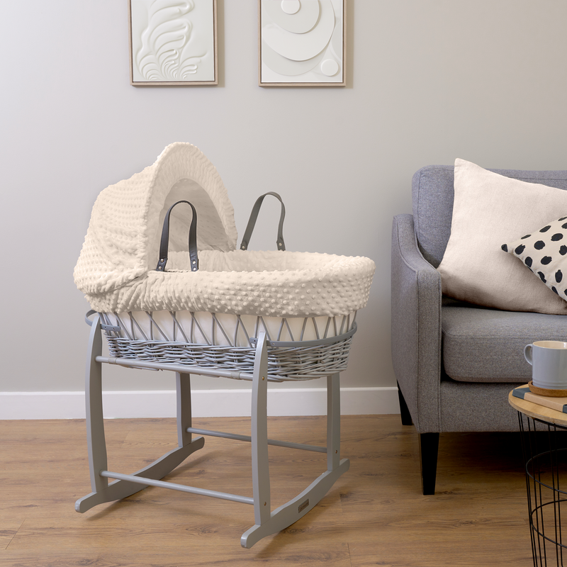 Cream Dimple Grey Wicker Moses Basket bundled with the Grey Deluxe Rocking Stand | Moses Baskets | Co-sleepers | Nursery Furniture - Clair de Lune UK