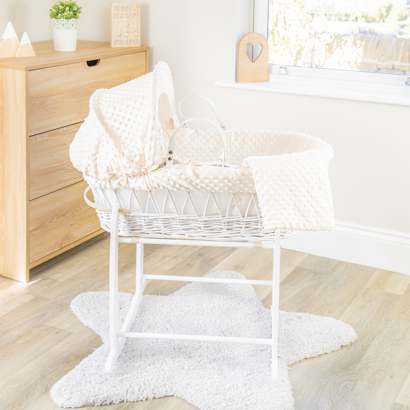 Cream Dimple White Wicker Moses Basket on the White Deluxe Rocking Stand | Moses Baskets | Co-sleepers | Nursery Furniture - Clair de Lune UK