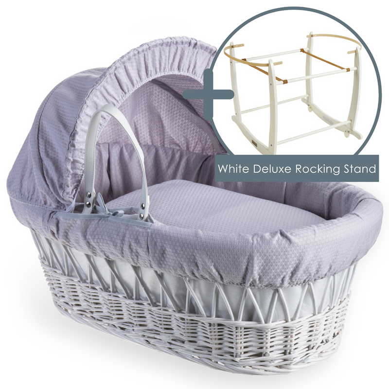 Grey Cotton Dream White Wicker Moses Basket bundled with the White Deluxe Rocking Stand | Moses Baskets | Co-sleepers | Nursery Furniture - Clair de Lune UK
