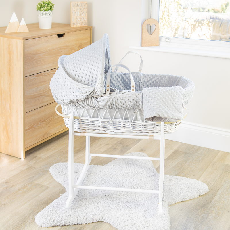 Grey Dimple White Wicker Moses Basket on the White Deluxe Rocking Stand | Moses Baskets | Co-sleepers | Nursery Furniture - Clair de Lune UK