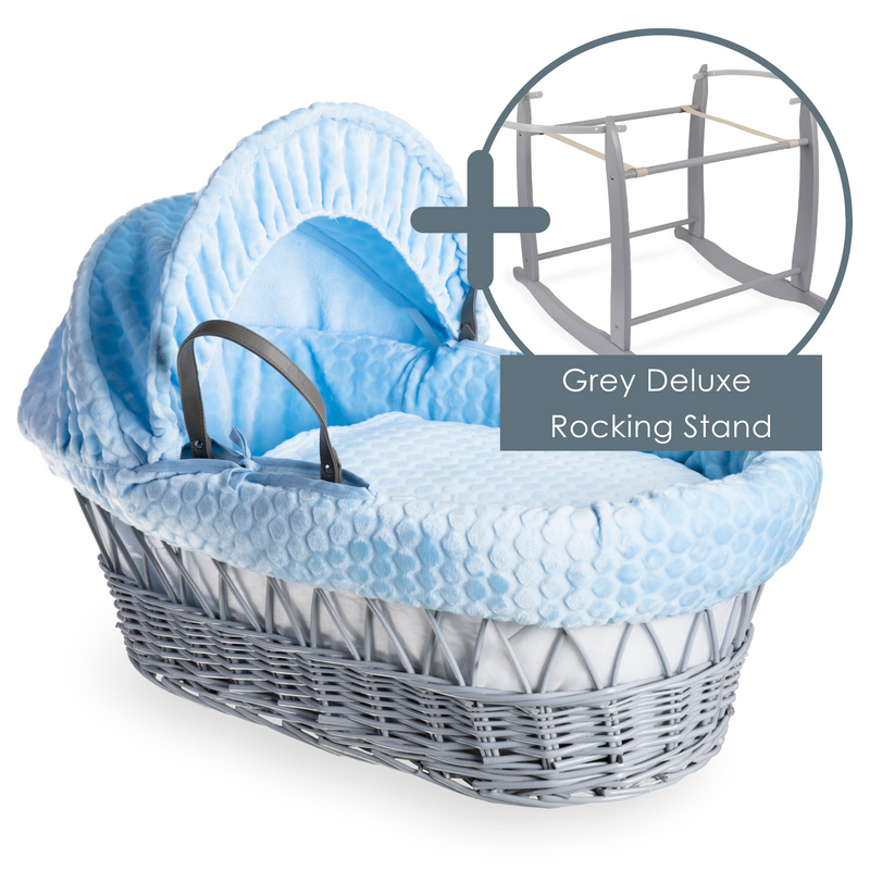 Blue Marshmallow Grey Wicker Moses Basket bundled with the Grey Deluxe Moses Basket Rocking Stand | Moses Baskets | Co-sleepers | Nursery Furniture - Clair de Lune UK