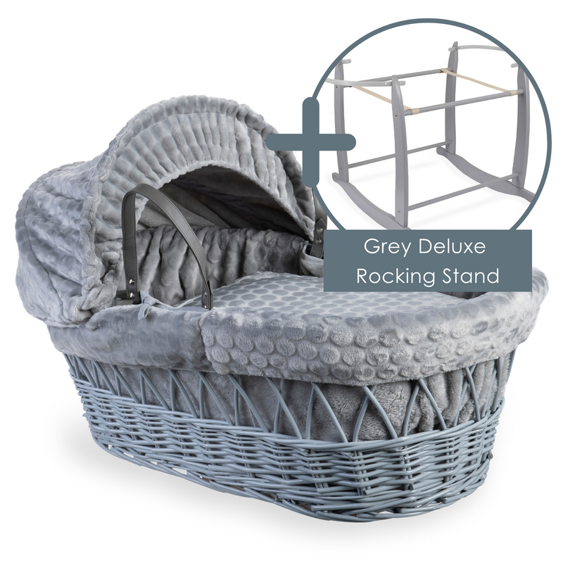 Grey Marshmallow Grey Wicker Moses Basket bundled with the Grey Deluxe Moses Basket Rocking Stand | Moses Baskets | Co-sleepers | Nursery Furniture - Clair de Lune UK