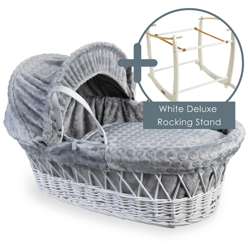 Grey Marshmallow White Wicker Moses Basket bundled with the White Deluxe Moses Basket Rocking Stand | Co-sleepers | Nursery Furniture - Clair de Lune UK