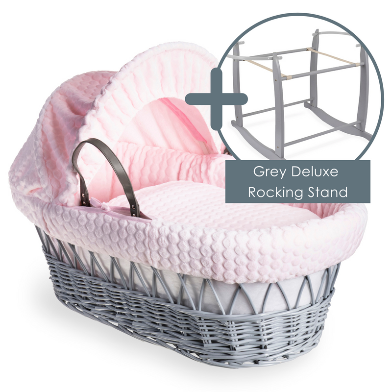 Pink Marshmallow Grey Wicker Moses Basket bundled with the Grey Deluxe Moses Basket Rocking Stand | Moses Baskets | Co-sleepers | Nursery Furniture - Clair de Lune UK