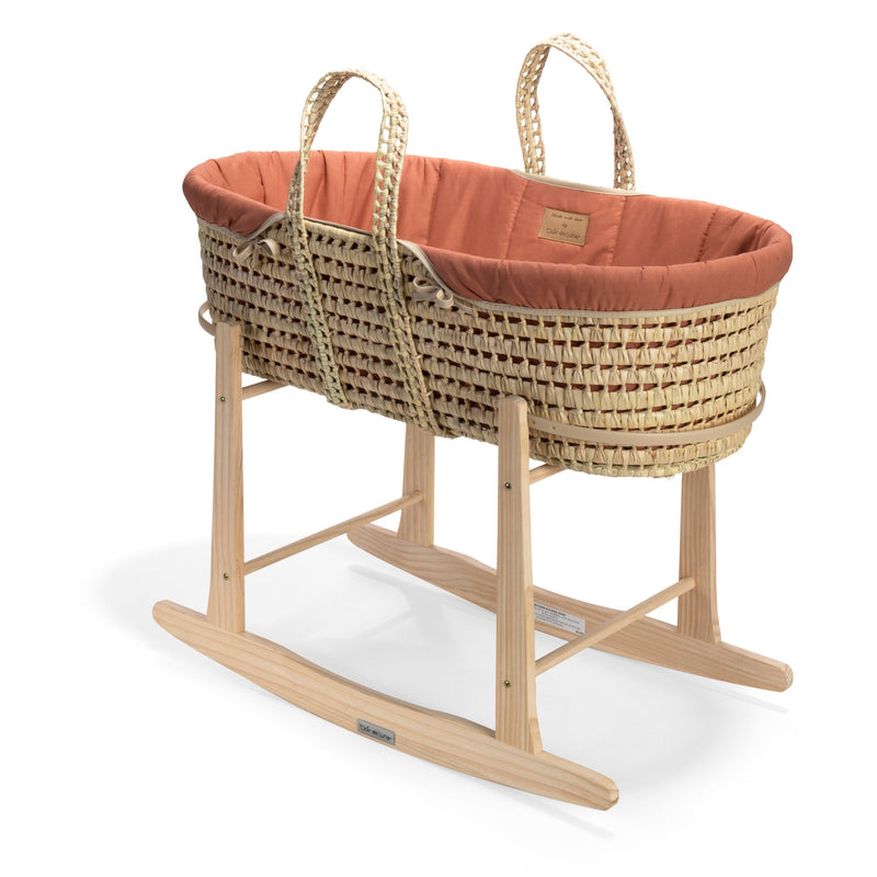 Organic Palm Moses Basket in Rust Orange on a Natural Standard Rocking Stand | Moses Baskets and Stands | Co-sleepers | Nursery Furniture - Clair de Lune UK