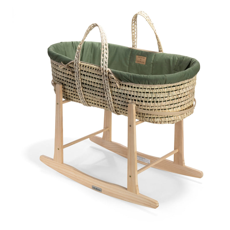 Organic Palm Moses Basket in Forest Green on the Natural Rocking Stand | Moses Baskets and Stands | Co-sleepers | Nursery Furniture - Clair de Lune UK