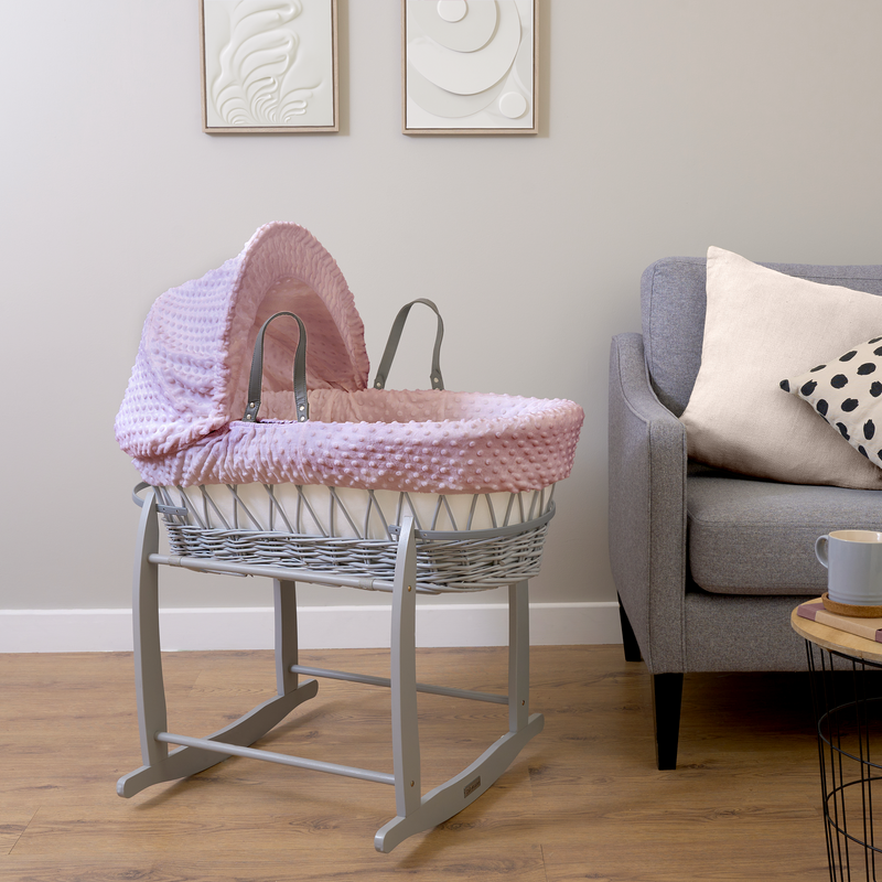Pink Dimple Grey Wicker Moses Basket bundled with the Grey Deluxe Rocking Stand | Moses Baskets | Co-sleepers | Nursery Furniture - Clair de Lune UK