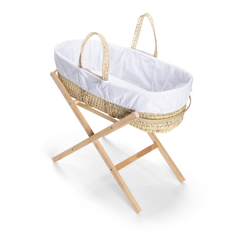 White Scandi Palm Moses Basket on the Clair de Lune Natural Compact Folding Moses Stand | Moses Baskets and Stands | Co-sleepers | Nursery Furniture - Clair de Lune UK