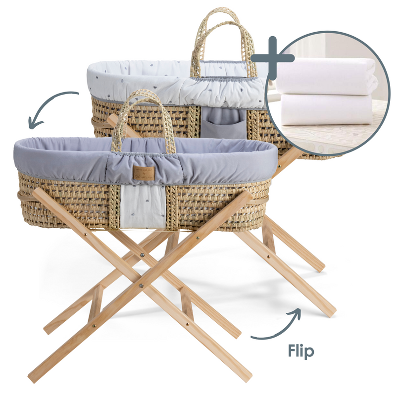 Reversible Lullaby Hearts Palm Moses Basket Bundle paired with a pack of two soft white Moses basket sheets | Moses Baskets and Stands | Co-sleepers | Nursery Furniture - Clair de Lune UK