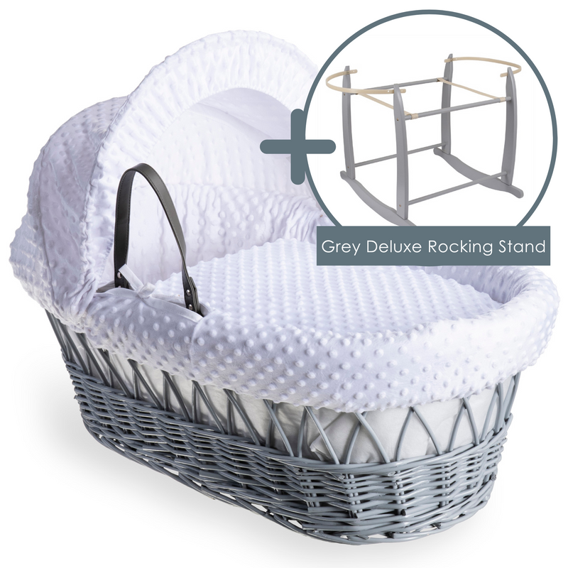 White Dimple Grey Wicker Moses Basket bundled with the Grey Deluxe Rocking Stand | Moses Baskets | Co-sleepers | Nursery Furniture - Clair de Lune UK