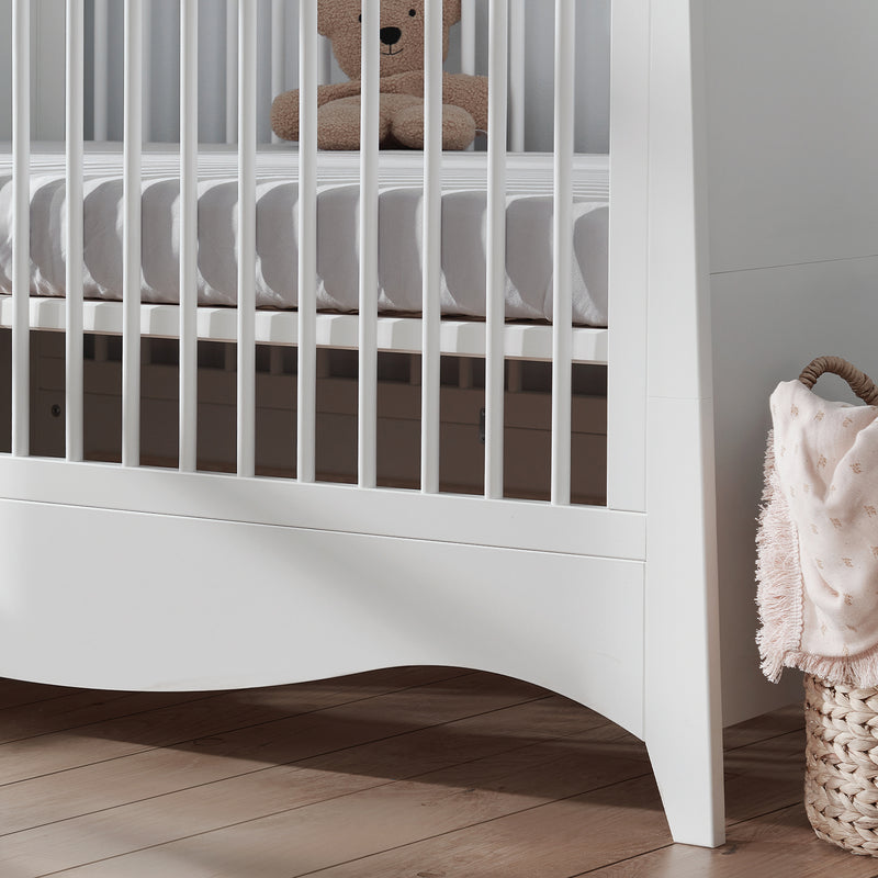 The foot detail of the White CuddleCo Clara Cot Bed | Cots, Cot Beds, Toddler & Kid Beds | Nursery Furniture - Clair de Lune UK