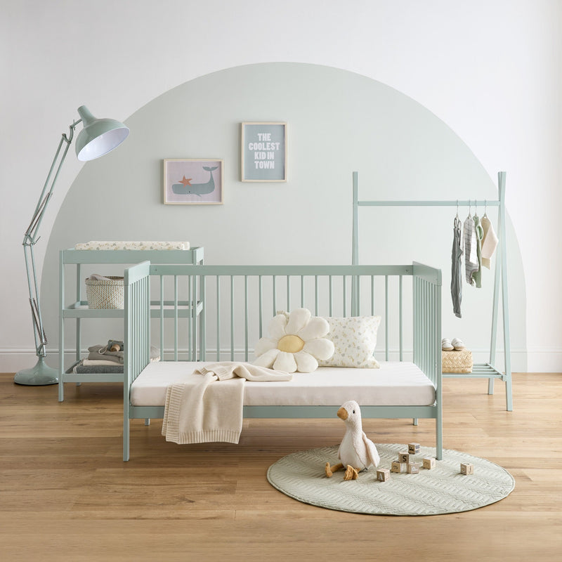  Sage Green CuddleCo Nola 3 Piece Room Set with the cot bed transformed as a toddler bed | Nursery Furniture Sets | Room Sets | Nursery Furniture - Clair de Lune UK