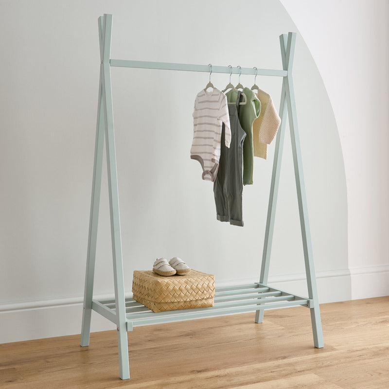 Sage Green CuddleCo Nola Clothes Rail with baby clothes | Wardrobes & Shelves | Storage Solutions | Nursery Furniture - Clair de Lune UK