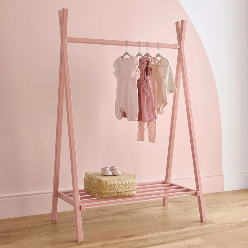 Blush Pink CuddleCo Nola Clothes Rail with baby clothes | Wardrobes & Shelves | Storage Solutions | Nursery Furniture - Clair de Lune UK