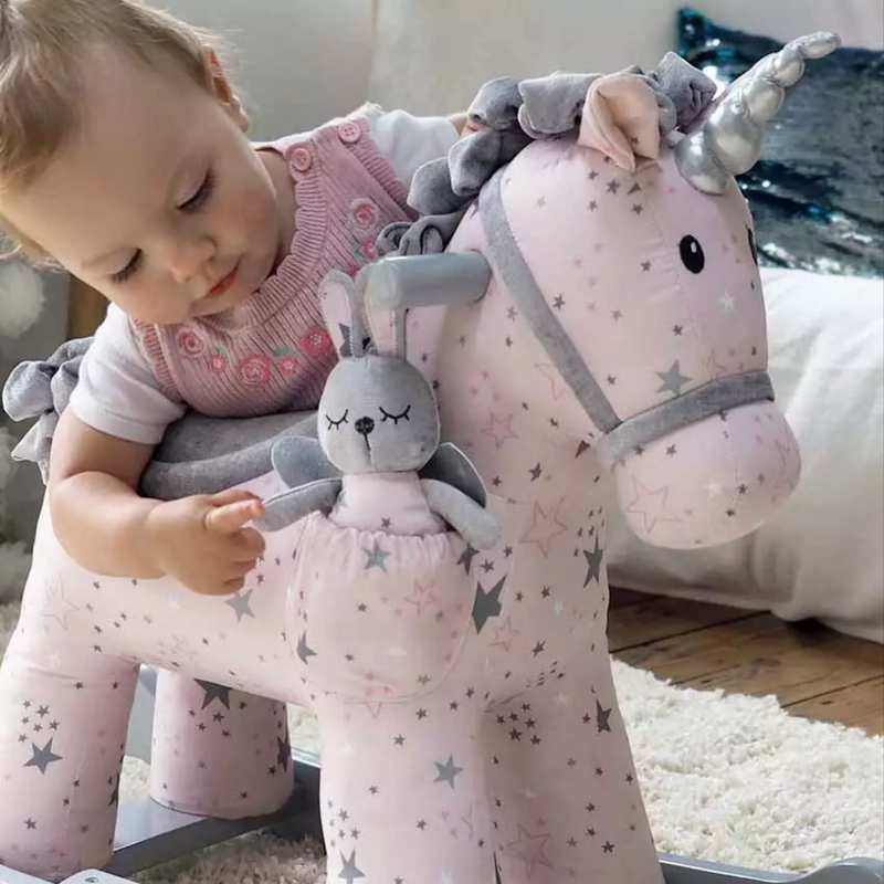Toddler playing with Fae in the Little Bird Told Me Celeste & Fae Rocking Unicorn | Rocking Animals | Montessori Activities For Babies & Kids | Toys | Baby Shower, Birthday & Christmas - Clair de Lune UK