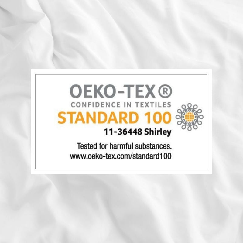 The OEKO-TEX 100 certification of the 2 Pack White Fitted Cotton Cot Bed Sheets - 140 x 70 cm | Soft Baby Sheets | Cot, Cot Bed, Pram, Crib & Moses Basket Bedding - Clair de Lune UK
