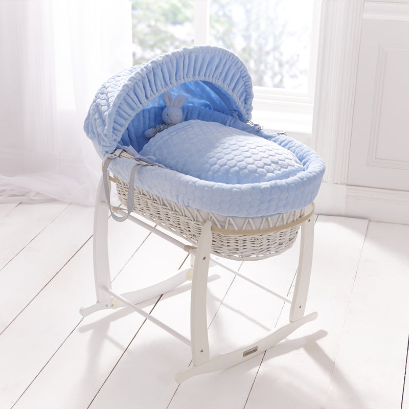 Blue Marshmallow White Wicker Moses Basket on the White Deluxe Moses Basket Rocking Stand in a classic vintage style bedroom | Co-sleepers | Nursery Furniture - Clair de Lune UK