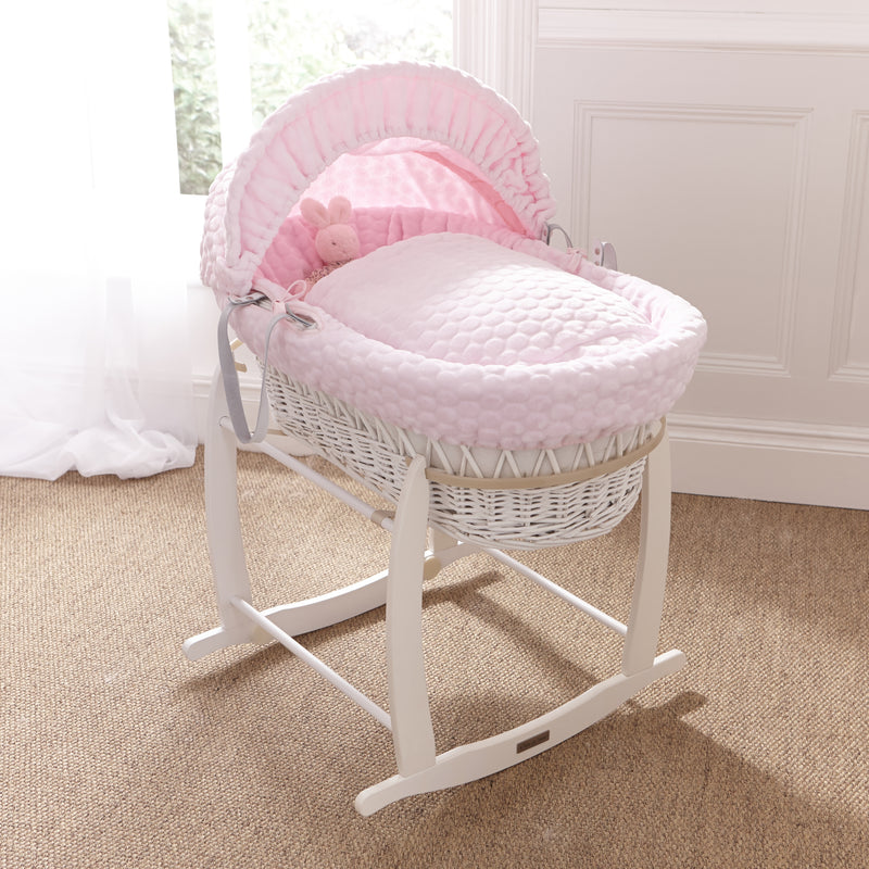 Pink Marshmallow White Wicker Moses Basket on the White Deluxe Moses Basket Rocking Stand in a classic vintage style bedroom | Co-sleepers | Nursery Furniture - Clair de Lune UK