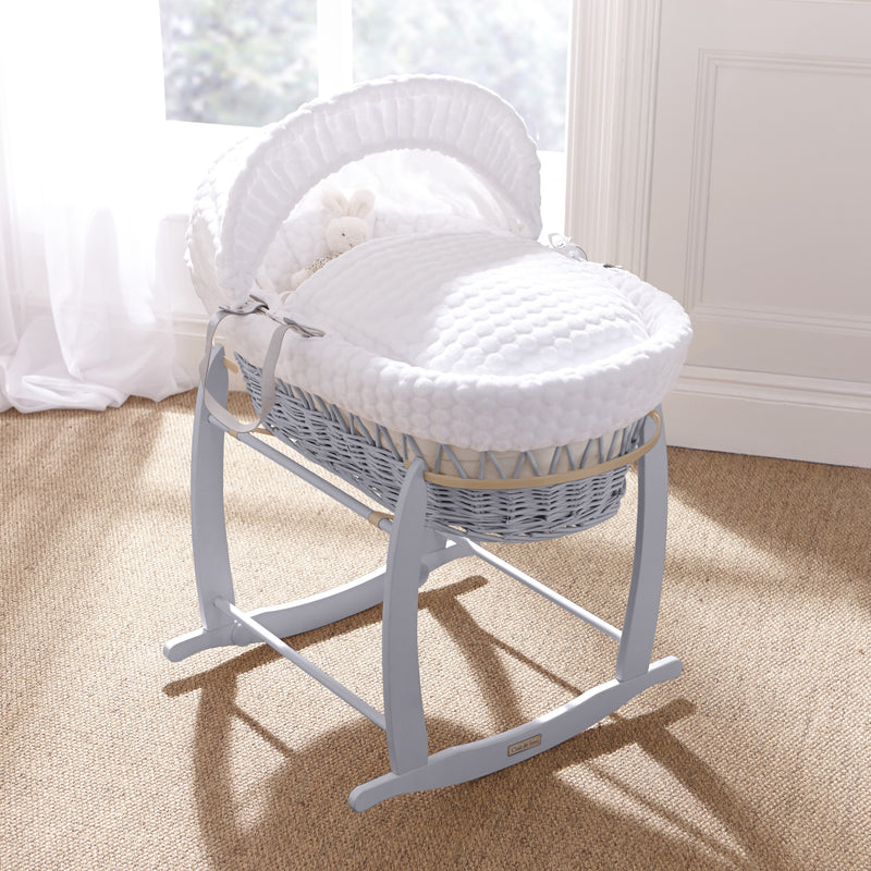 White Marshmallow Grey Wicker Moses Basket on the Grey Deluxe Rocking Stand in a classic vintage style bedroom | Moses Baskets | Co-sleepers | Nursery Furniture - Clair de Lune UK