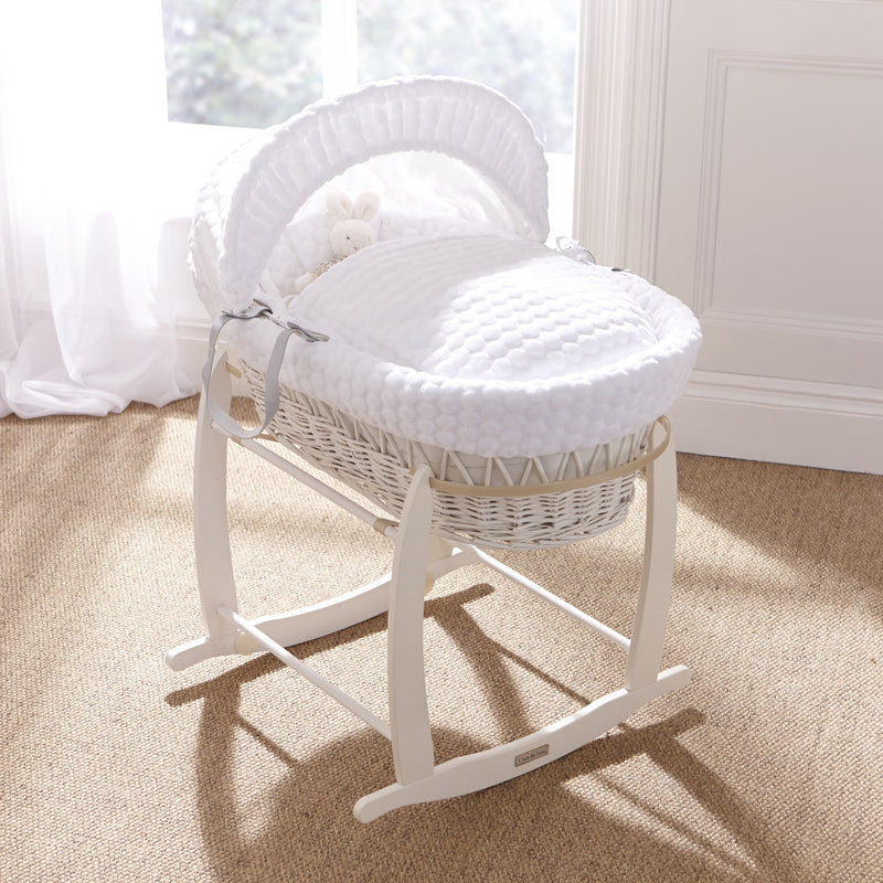 White Marshmallow White Wicker Moses Basket on the White Deluxe Moses Basket Rocking Stand in a classic vintage style bedroom | Co-sleepers | Nursery Furniture - Clair de Lune UK