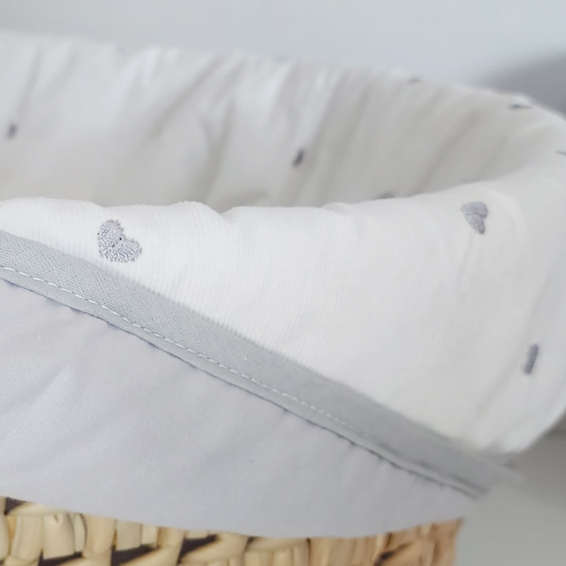 Reversible Lullaby Hearts Palm Moses Basket Bundle showing the reversible Moses basket dressing | Moses Baskets and Stands | Co-sleepers | Nursery Furniture - Clair de Lune UK