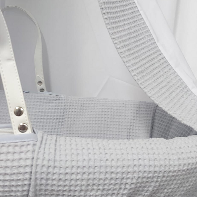 Special Buy - Grey Waffle Frosted White Wicker Moses Basket With Stand and Drape Set zoomed in | Baby First Bed Bundles - Clair de Lune UK