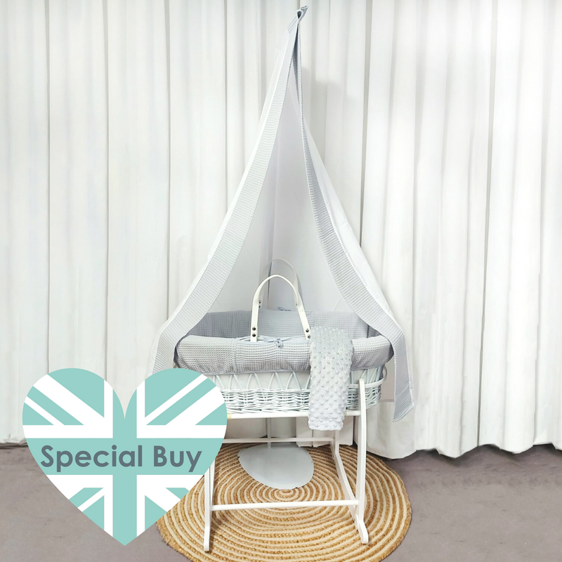 Special Buy - Grey Waffle Frosted White Wicker Moses Basket With Stand and Drape Set with the Special Buy sticker | Baby First Bed Bundles - Clair de Lune UK