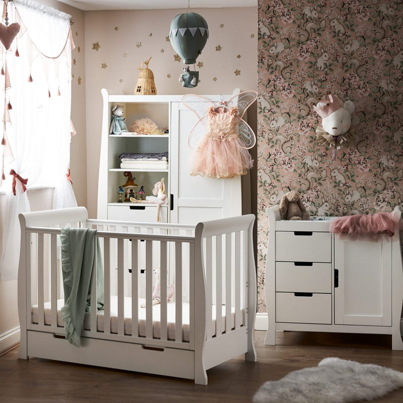 White Obaby Stamford Mini 3 Piece Room Set in a princess inspired nursery room | Nursery Furniture Sets | Room Sets | Nursery Furniture - Clair de Lune UK