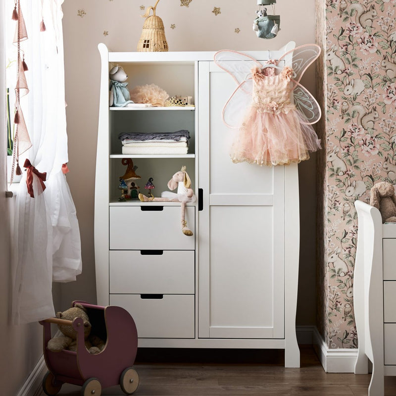 The double wardrobe of the White Obaby Stamford Mini 3 Piece Room Set in a princess inspired nursery room | Nursery Furniture Sets | Room Sets | Nursery Furniture - Clair de Lune UK