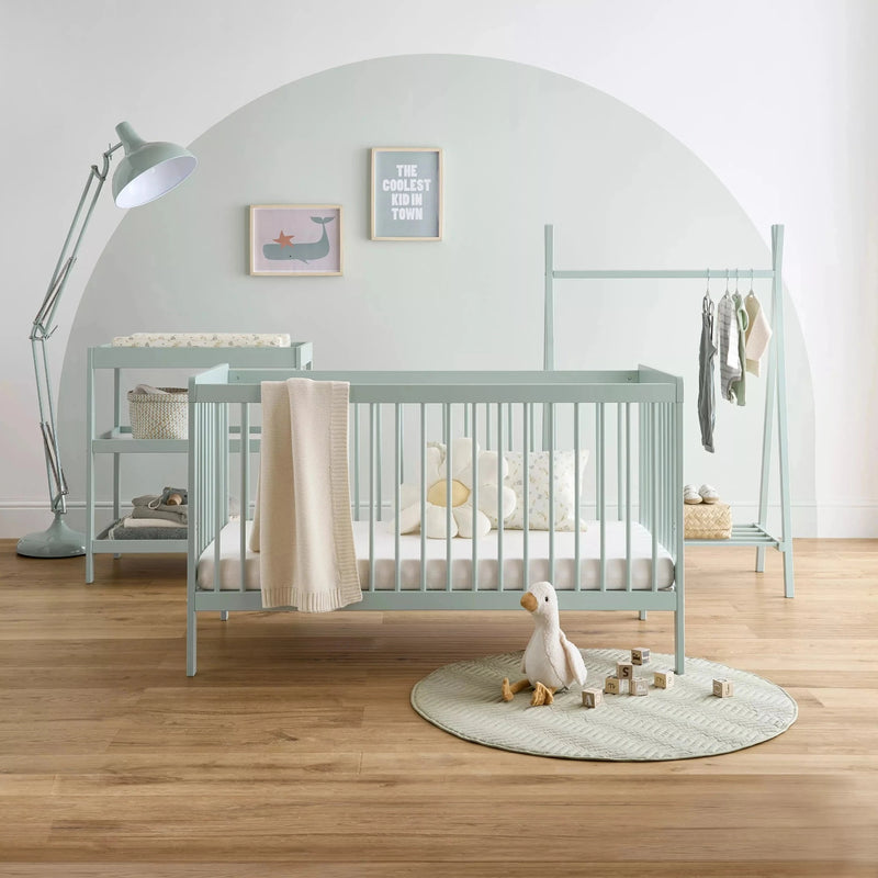 Sage Green CuddleCo Nola 3 Piece Room Set with the cot bed transformed as a cot | Nursery Furniture Sets | Room Sets | Nursery Furniture - Clair de Lune UK
