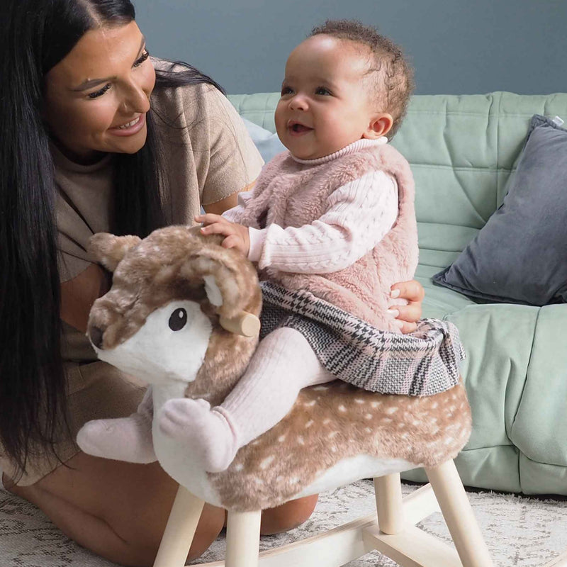 Mom next to her daughter riding on the Little Bird Told Me Willow Rocking Deer | Rocking Animals | Montessori Activities For Babies & Kids | Toys | Baby Shower, Birthday & Christmas - Clair de Lune UK