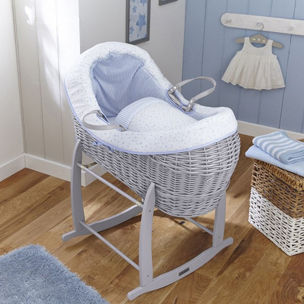 Blue Stars & Stripes Grey Wrapover® Noah Pod® on the grey Deluxe rocking stand in a blue nursery for boys | Bassinets | Nursery Furniture - Clair de Lune UK