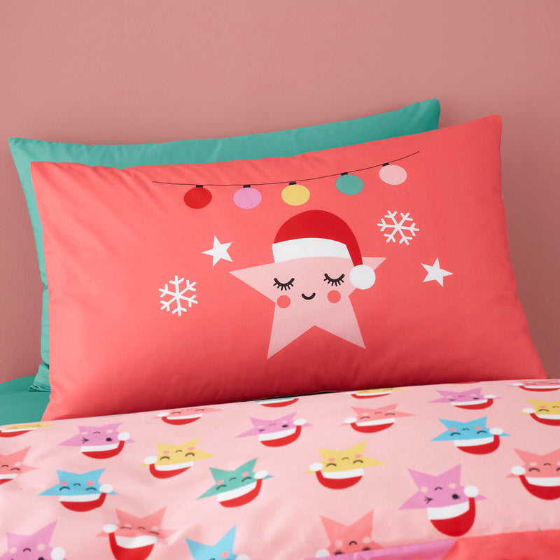The pillow cover of the Cosatto Christmas Happy Stars Junior Bed Duvet Cover Set | Toddler Bedding - Clair de Lune UK