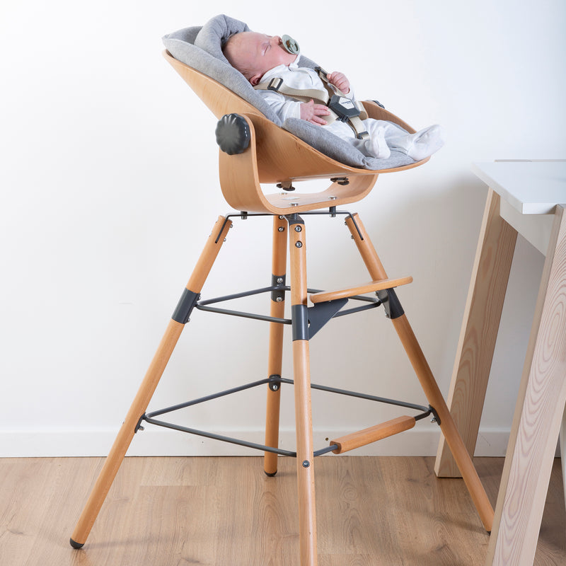 Baby sleeping on a high chair with Natural/Anthracite Childhome Evolu 2 Extra Long Legs with Footstep | Highchairs | Feeding & Weaning - Clair de Lune UK