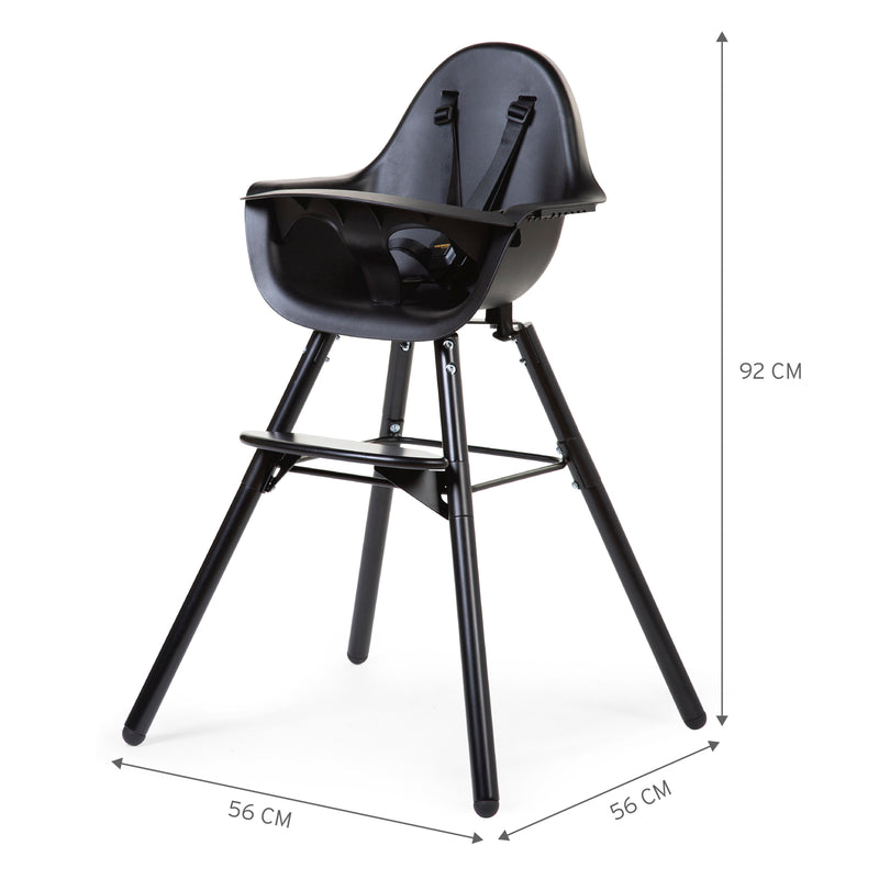 The dimensions of the Black Childhome Evolu 2 Chair - 2 In 1 with Bumper | Highchairs | Feeding & Weaning - Clair de Lune UK