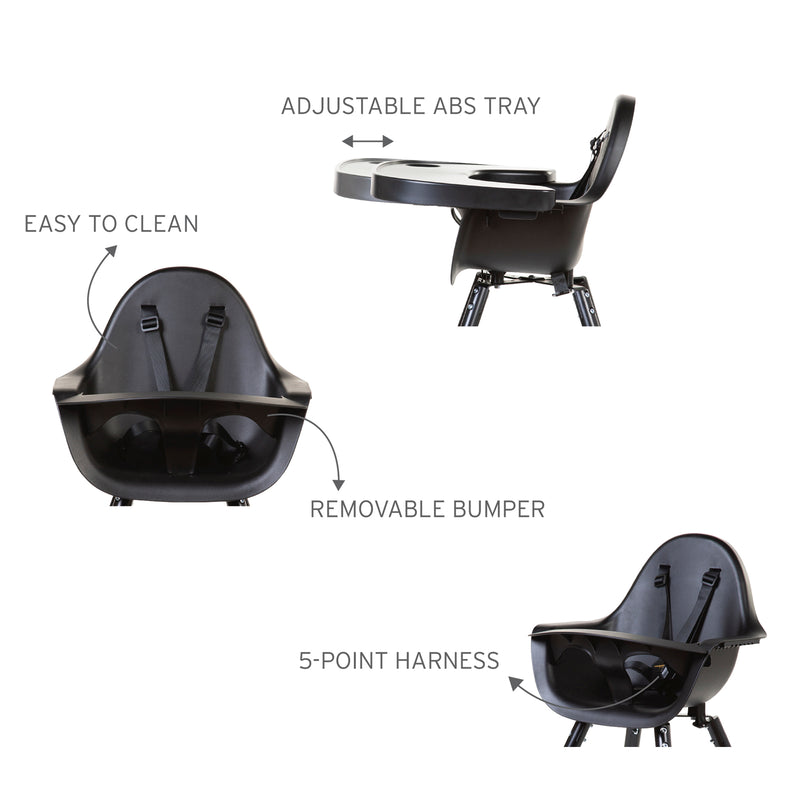 Easy care Black Childhome Evolu 2 Chair - 2 In 1 with Bumper | Highchairs | Feeding & Weaning - Clair de Lune UK