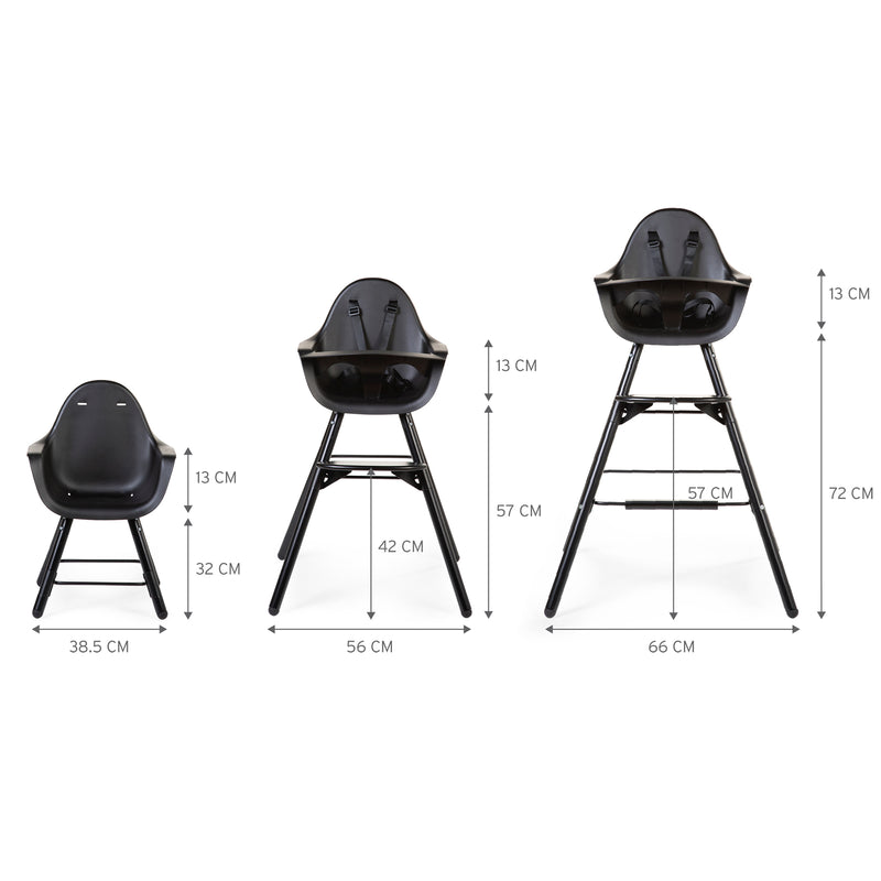 The three different stages of the Black Childhome Evolu 2 Chair - 2 In 1 with Bumper | Highchairs | Feeding & Weaning - Clair de Lune UK
