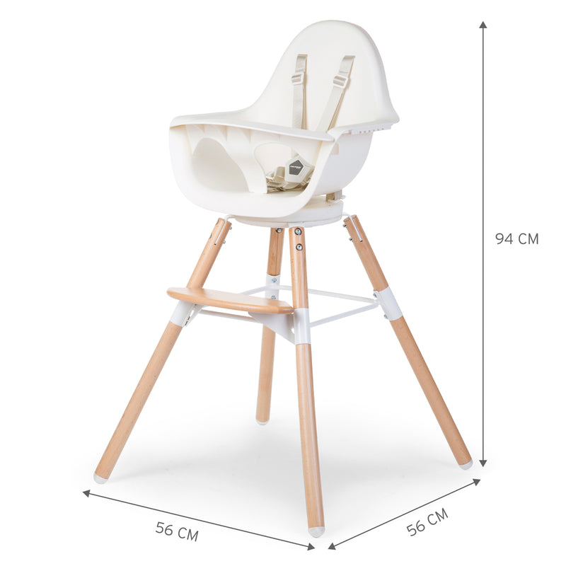 The dimensions of the Natural/White Childhome Evolu 2 Chair - 2 In 1 with Bumper | Highchairs | Feeding & Weaning - Clair de Lune UK