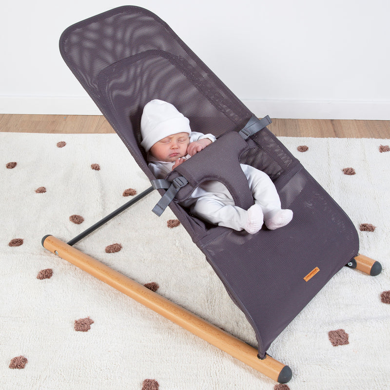 Baby sleeping on the Natural/Anthracite Childhome Evolux Baby Bouncer | Baby Swings, Rockers & Baby Bouncers | Toys - Clair de Lune