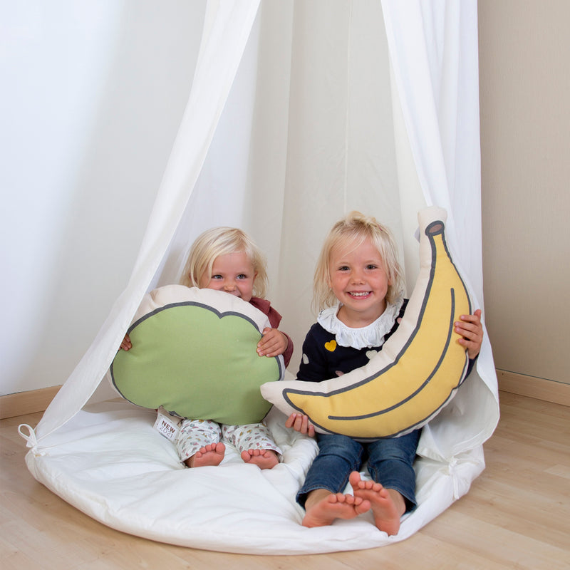 Siblings playing in the Childhome Hanging Canopy Tent with Playmat | Nursery Storage | Nursery Furniture - Clair de Lune UK