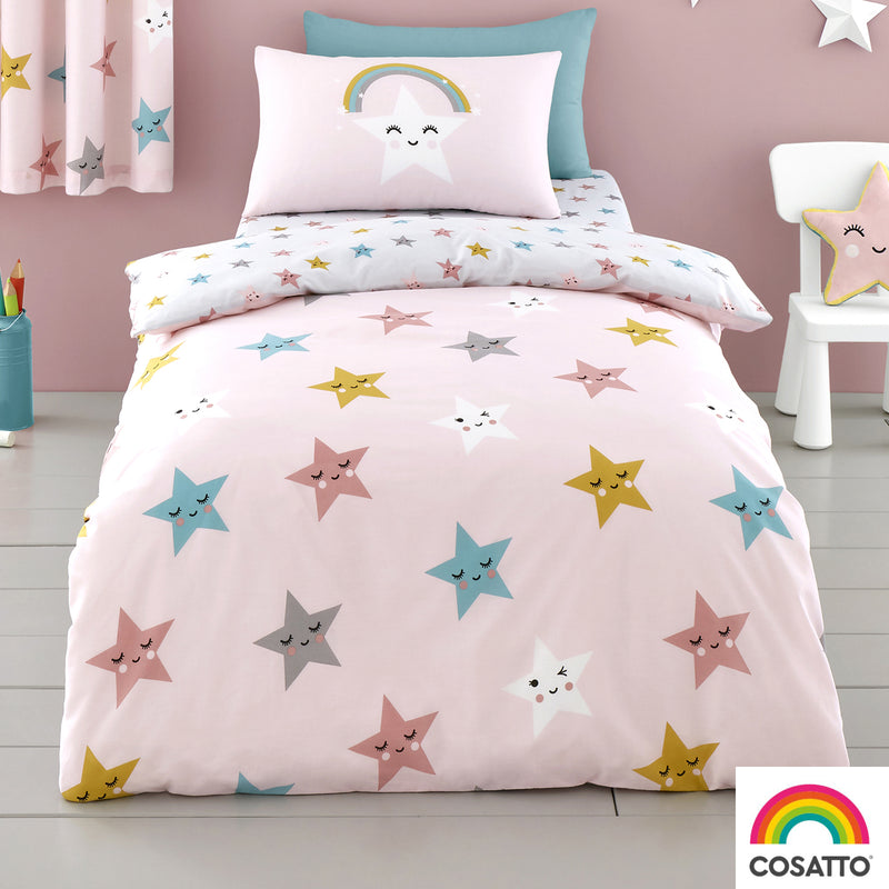 Cosatto Happy Stars Single Bed Duvet Cover Set on a single bed in a pink girl bedroom | Toddler Bedding - Clair de Lune UK