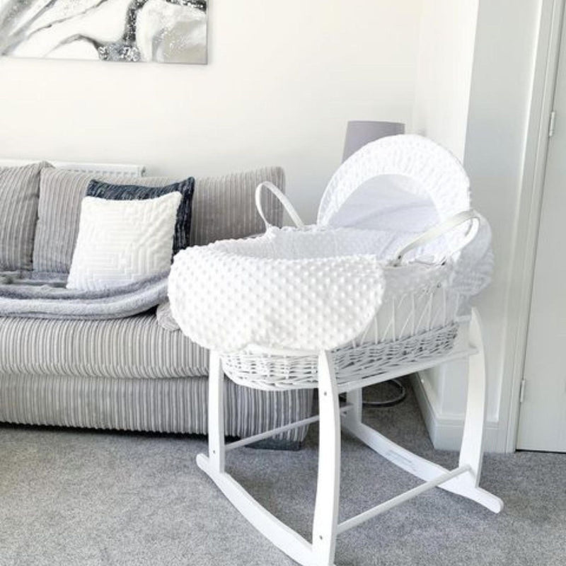 White Dimple White Wicker Moses Basket on the White Deluxe Rocking Stand | Moses Baskets | Co-sleepers | Nursery Furniture - Clair de Lune UK