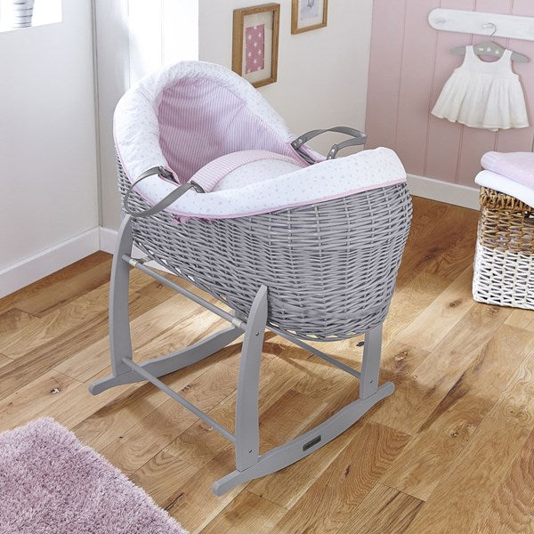 Pink Stars & Stripes Grey Wrapover® Noah Pod® on the grey Deluxe rocking stand in a pink nursery for girls | Bassinets | Nursery Furniture - Clair de Lune UK