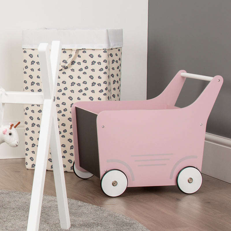 Pink Childhome Wooden Toy Stroller in a playroom | Toys | Baby Shower, Birthday & Christmas Gifts - Clair de Lune UK