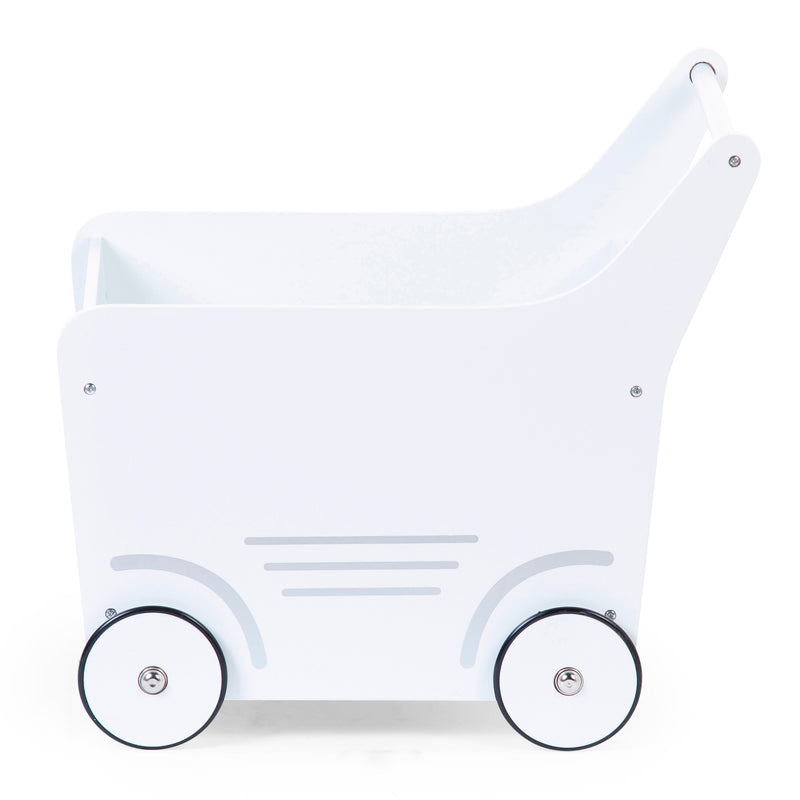 The side of the White Childhome Wooden Toy Stroller | Toys | Baby Shower, Birthday & Christmas Gifts - Clair de Lune UK